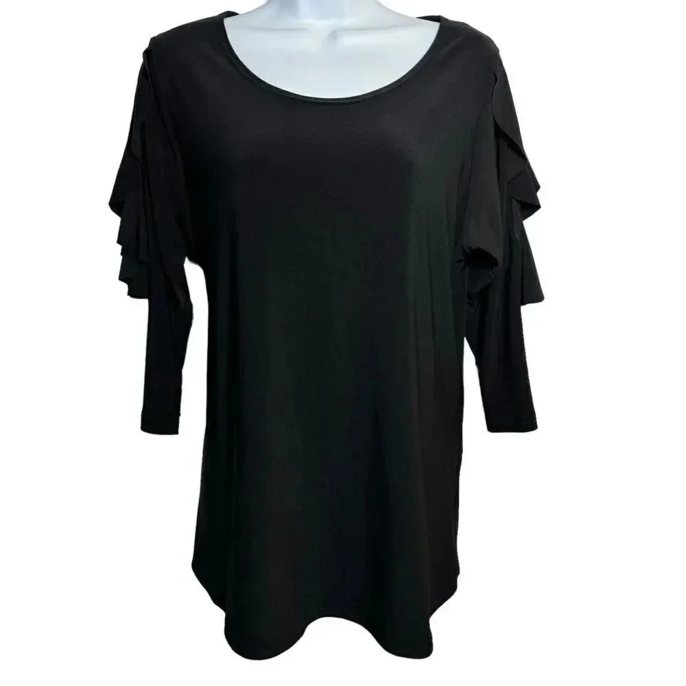 Sympli size 12 Black stretch jersey knit top ruffle sleeves scoop neck